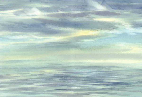 Morgenhimmel Wolkenreflexionen Auf Aquarell Landschaft Sommerferien — Stockfoto