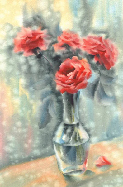 Bukiet Czerwonych Róż Akwarela Wazon Szkła Deszczowa Tło — Zdjęcie stockowe