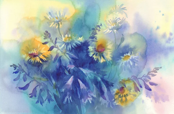 Renkli güneşli çayır çiçek suluboya arka plan. Doğum günü kartı