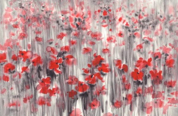 Červené Maková Pole Šedém Akvarel Zázemí Letní Louka — Stock fotografie
