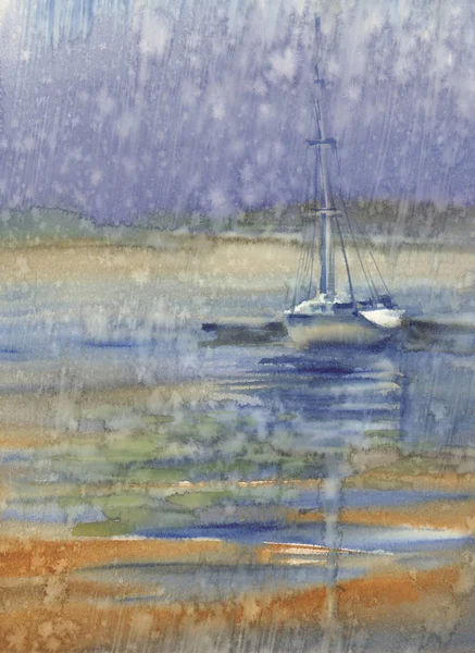 Táj Egy Jachton Eső Akvarell Háttérben Nyári Vakáció — Stock Fotó