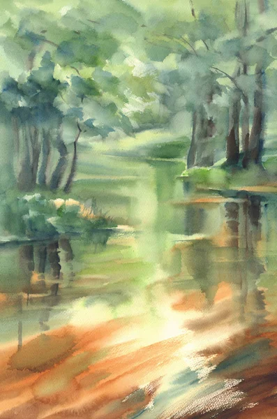 Forêt Rivière Réflexions Paysage Avec Fond Aquarelle Lumière Soleil Été — Photo
