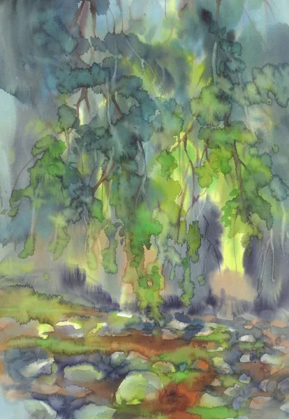 forest landscape with trees and river stones watercolor background. Summer landscape