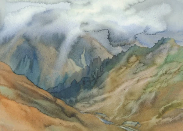 Horská Údolí Krajina Mraky Akvarel Zázemí Podzimní Barvy — Stock fotografie