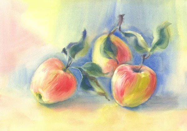 Red Apples Blue Background Watercolor Still Life Autumn Harvest — Stock Photo, Image