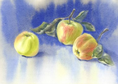 Mavi arka plan suluboya hala hayat sarı elma. Sonbaharda hasat