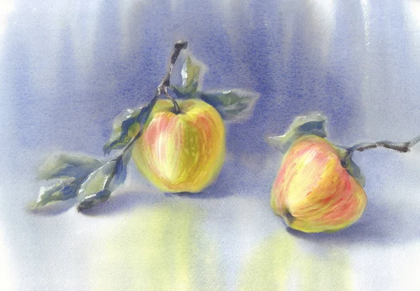 Yellow Apples Blue Background Watercolor Still Life Autumn Harvest — Stock Photo, Image