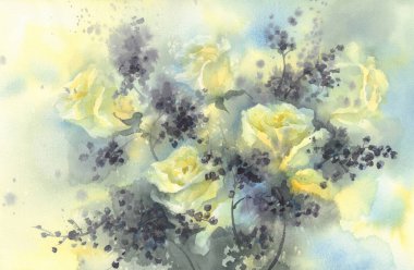 Siyah meyveleri suluboya arka plan beyaz gül buketi. Düğün kartı