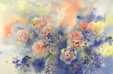 Mavi çilek suluboya arka plan ile turuncu gül buketi. Düğün kartı