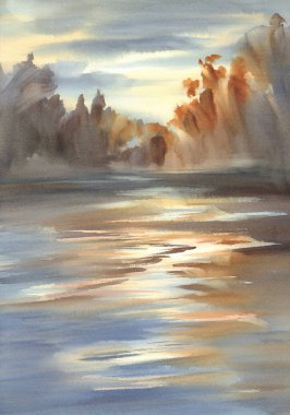 Akşam hafif sulu boya arka planda sonbahar manzara. Su yansımalar