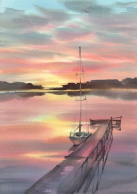 Akşamları suluboya arka planda bir göl. Su yansımaları