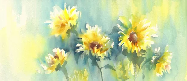 Сонячні Соняшники Жовтому Зеленому Тлі Акварельна Ілюстрація Осінні Квіти — стокове фото