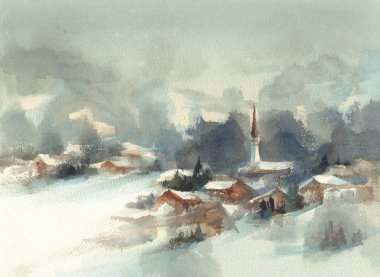 Kış dağlar suluboya manzara ağaçlar ve vadi. Noel kartı