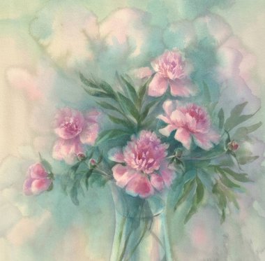 Pembe şakayık çiçeği suluboya arka plan. Anneler günü. Doğum günü kartı