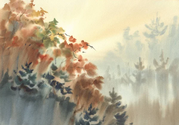 Autumn light in the forest watercolor landscape. Sun rays in the mist