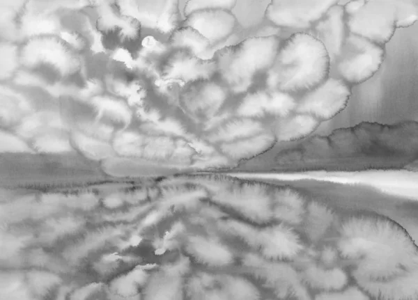 Paisagem Cinzenta Com Nuvens Sob Lago Reflexos Aquarela Contexto Abstrato — Fotografia de Stock