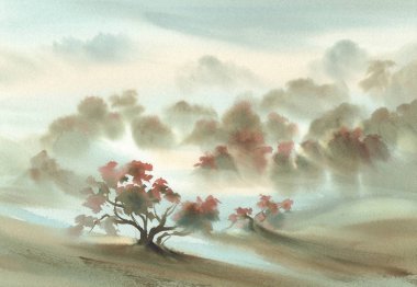 Sonbahar orman suluboya manzara ışık. Güneş ışınları sis içinde