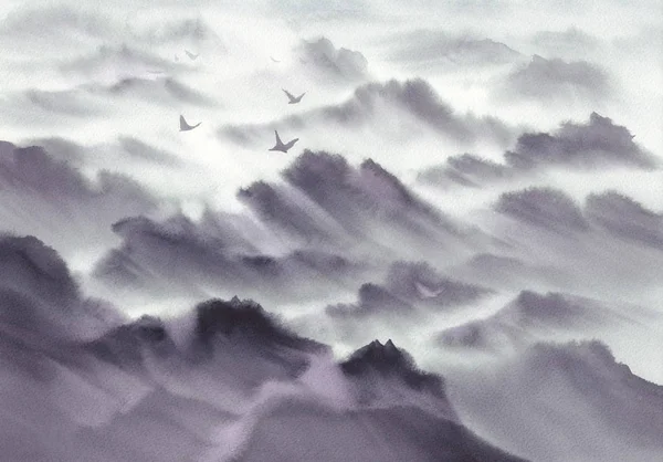 Mountain panoramic landscape watercolor background. Hand painted grey sketch. View from the plane