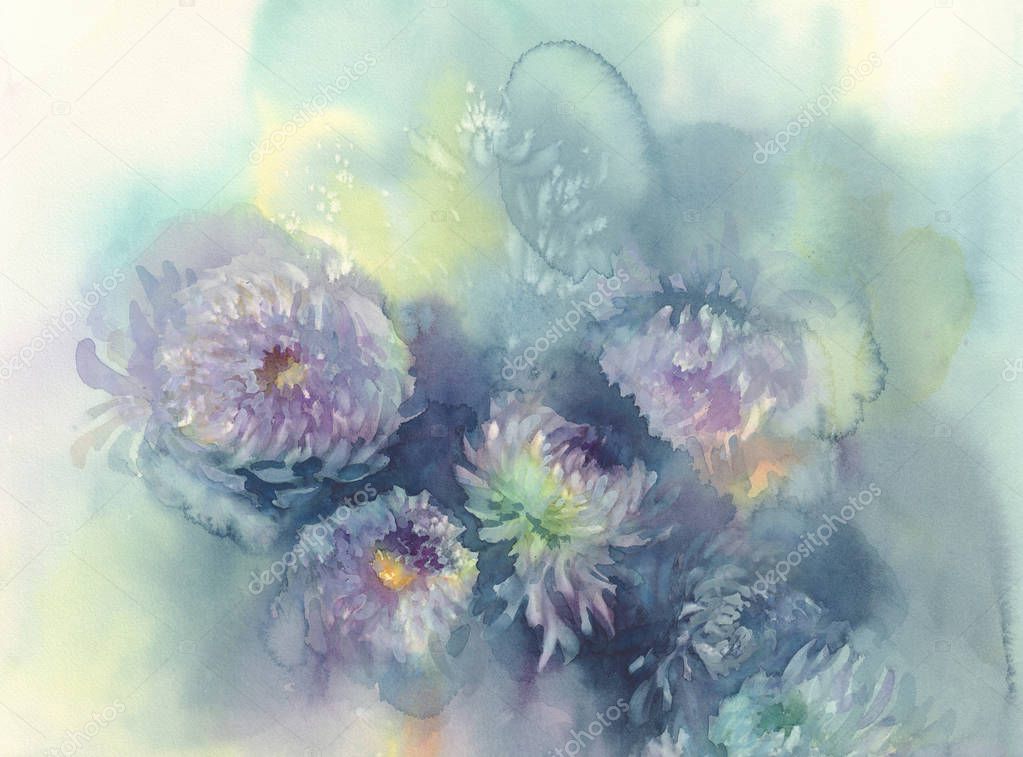 Chrysanthemum flowers watercolor in the green background. Abstract salt made marble background.