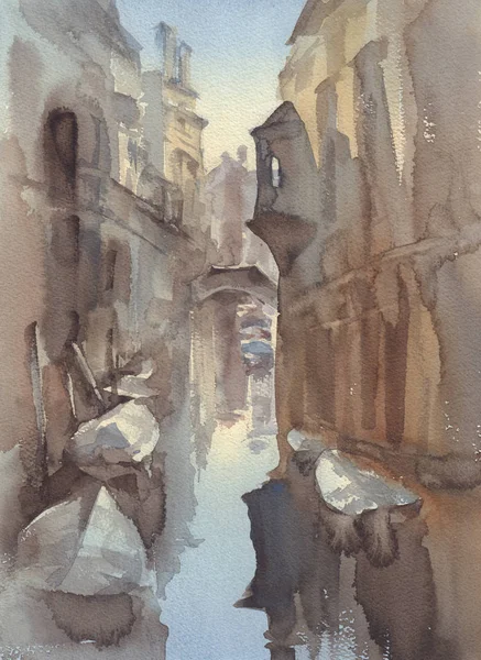 Venedik kanal tekne suluboya kroki arka plan ile
