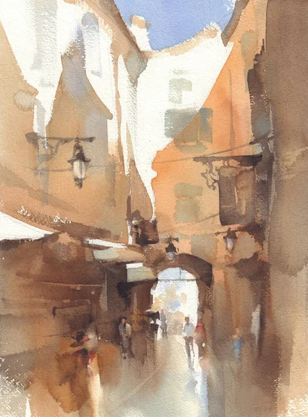 Vieille ville ruelle aquarelle paysage. Un croquis dans la rue — Photo