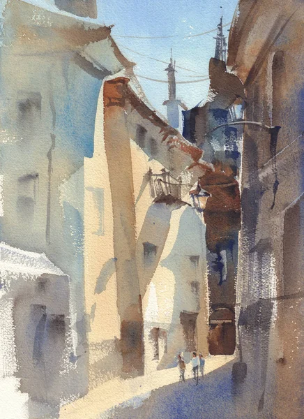 Old Town Alley Watercolor Landscape Backstreet Sketch Abstract Strokes — Stock Photo, Image