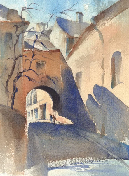 Old town alley watercolor landscape. A backstreet sketch. Abstract strokes