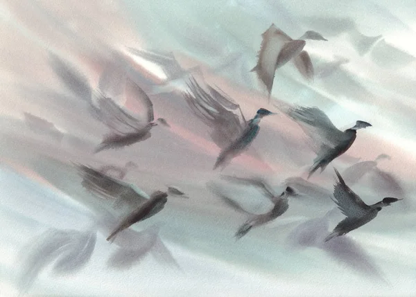 A flock of birds flying watercolor background. Silhouettes of the wings