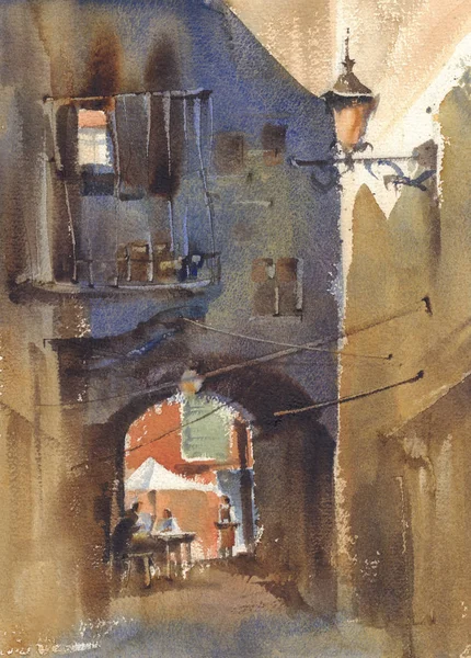 Old Town Courtyard Watercolor Landscape Backstreet Sketch Abstract Strokes — Stock Photo, Image