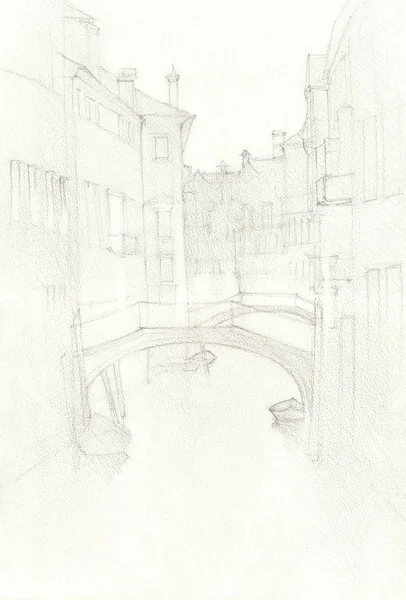 Venice city hand drawn, pencil sketch illustration. Grunge background