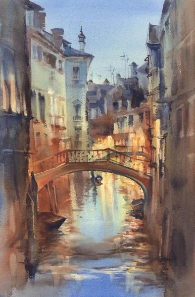 Venetian night lights watercolor landscape. A canal with gondolas under the bridge. Twilight colors