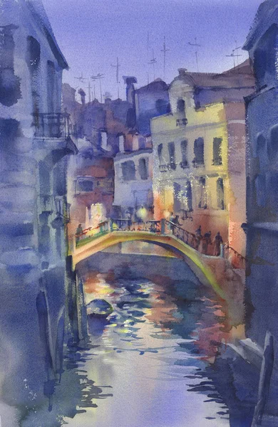 Velencei Éjszakai Fények Akvarell Táj Egy Csatornát Gondolák Híd Alatt — Stock Fotó
