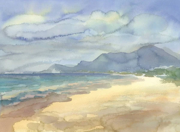 山の水彩画風景の海辺 夏の日のイラスト — ストック写真