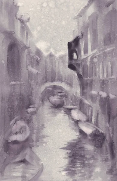Venezia Paesaggio Acquerello Neve Canale Con Gondole Sotto Ponte Colori — Foto Stock
