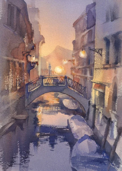 Venedik gece ışıklar suluboya manzara. Gondol köprünün altından bir kanal. Alacakaranlık renkleri