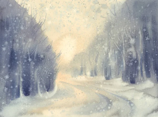 Winter Snow Road Watercolor Background Forest Landscape — Stock Photo, Image