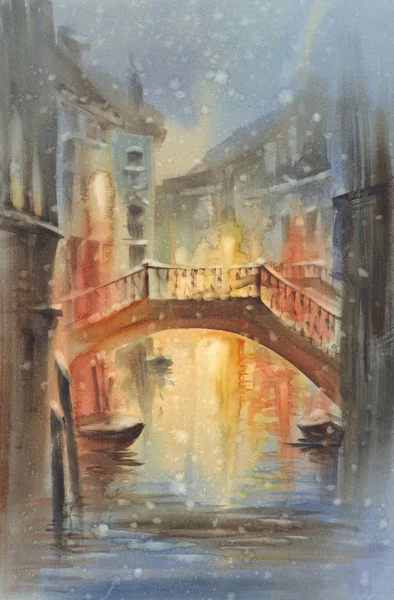 Venetian Night Lights Snow Watercolor Landscape Canal Gondolas Bridge Twilight — Stock Photo, Image