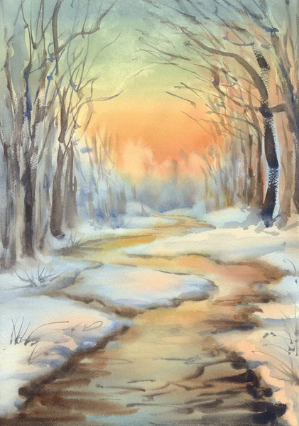 Paysage Hivernal Ensoleillé Avec Une Rivière Dans Aquarelle Forêt Fond — Photo