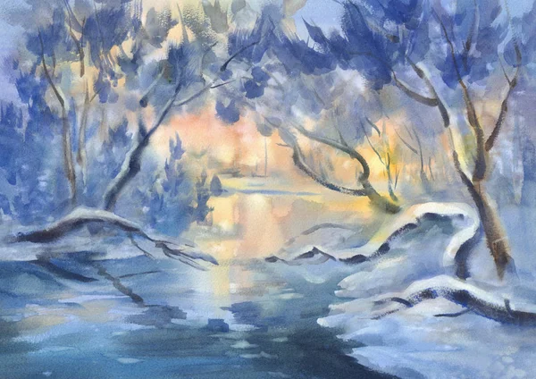 Napsütéses Téli Táj Egy Folyó Erdő Akvarell Háttér — Stock Fotó