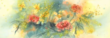 Mimoza çiçeği suluboya arka plan kırmızı anemon ile