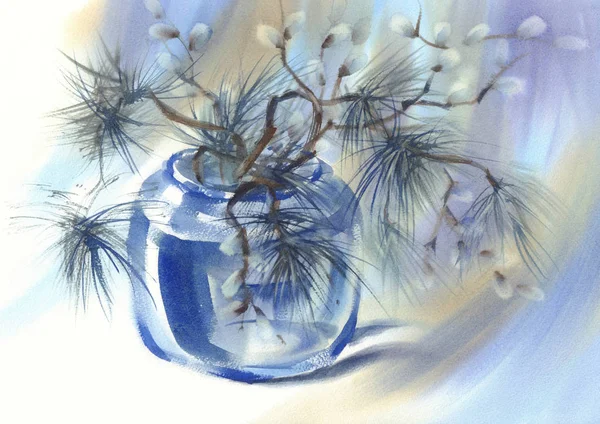 在蓝色的玻璃花瓶里, 有松柳和松树的枝条。水彩 — 图库照片