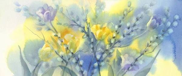 Yellow tulips with pussy willow watercolor background — Stock Photo, Image