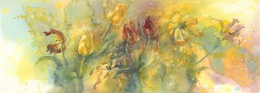 çiçekler öldüğü sarı ve kırmızı laleler suluboya arka plan sararmış