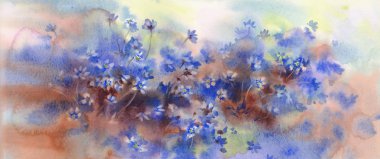 Bahar orman suluboya arka planda mor çiçekler.