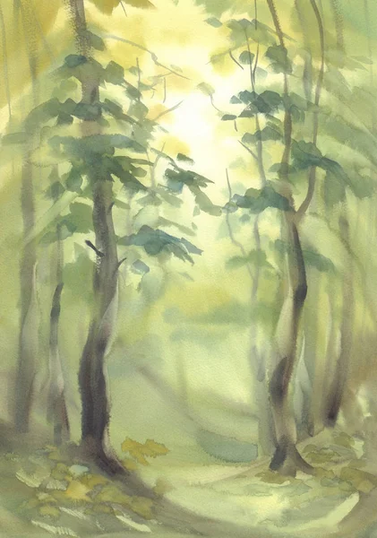 spring forest in the green light watercolor background