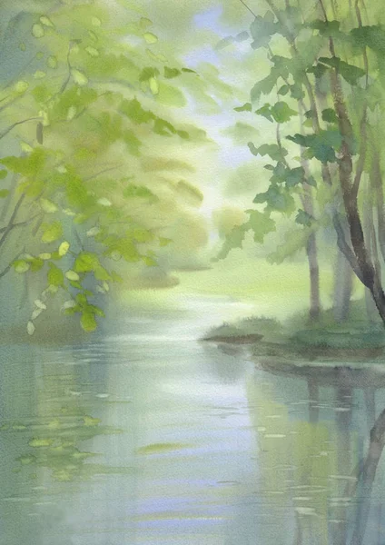 yeşil ışık suluboya arka planda bir nehir ile bahar ormanı