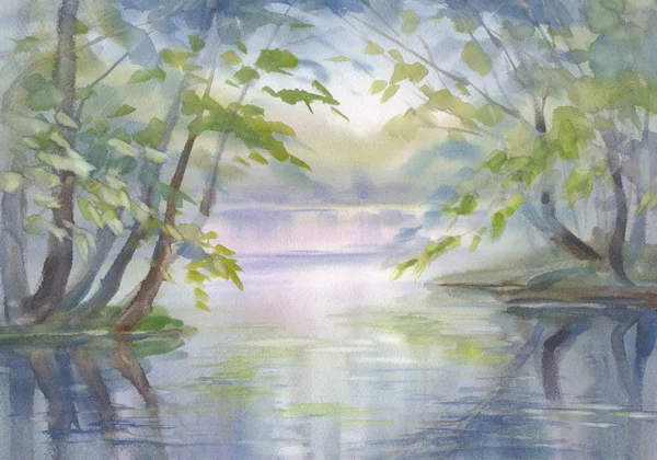 Весенний лес с рекой на зеленом светлом акварельном фоне — стоковое фото