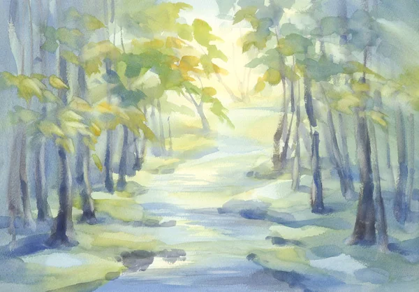 Forêt de printemps avec une rivière dans le feu vert fond aquarelle — Photo