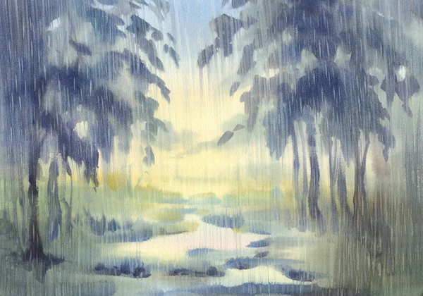 yeşil ışık suluboya arka planda yağmurlu orman