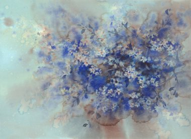 Koyu mavi arka planda beyaz sakura çiçeği suluboya.